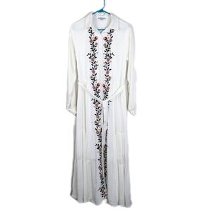 POLAGRAM White Floral Embroidery Long Sleeve Tiered Button Up Maxi Dress, Size S